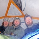 Marc Leblanc Ben Shillington and Neal Watts in tent Lake Winnipeg Ex-Day 7