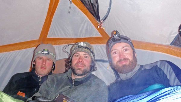 Marc Leblanc Ben Shillington and Neal Watts in tent Lake Winnipeg Ex-Day 7