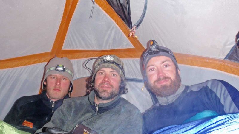 Marc Leblanc Ben Shillington and Neal Watts in tent Lake Winnipeg Ex-Day 7
